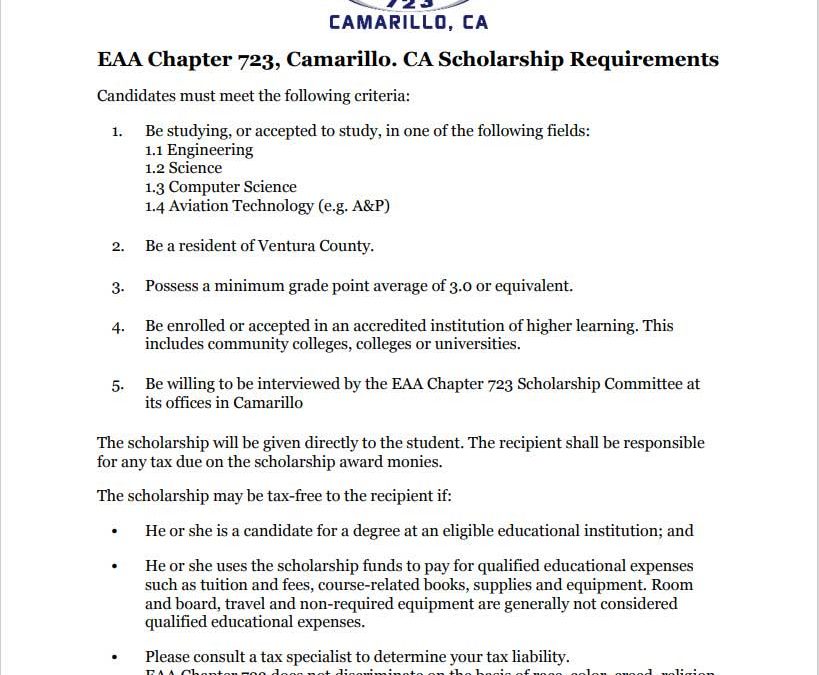 EAA Chapter 723, Camarillo. CA Scholarship Requirements