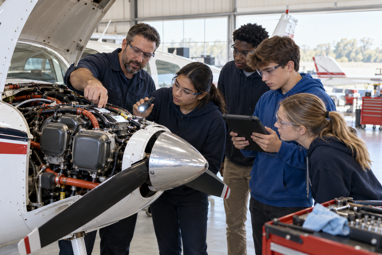 Aviation Explorer students receiving hands-on aviation instruction