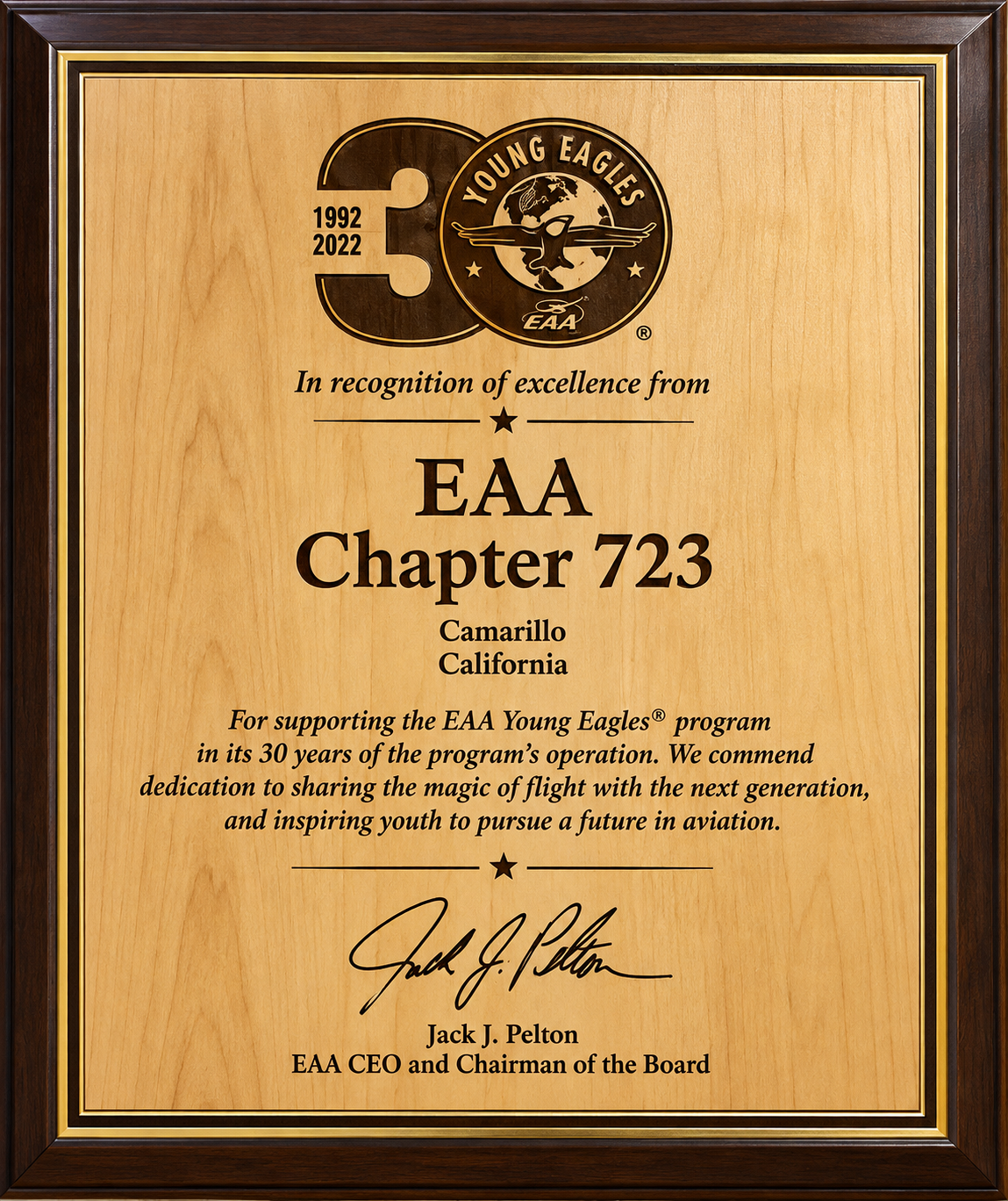 EAA Chapter 723 recognition for 30 years of Young Eagles support